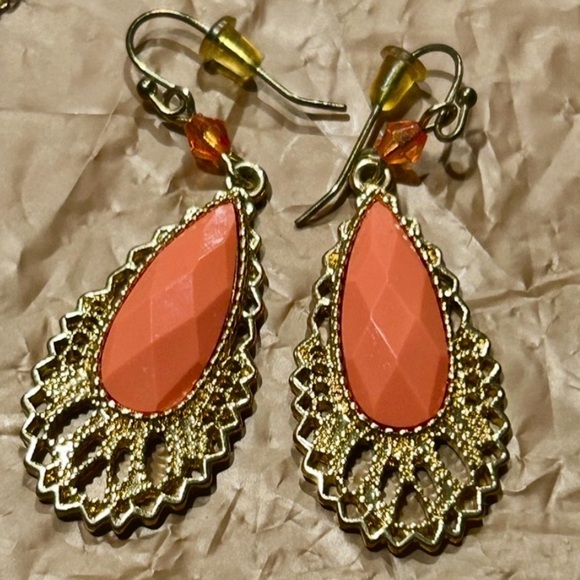 Orange and Gold Dangling Earrings - Picture 7 of 11